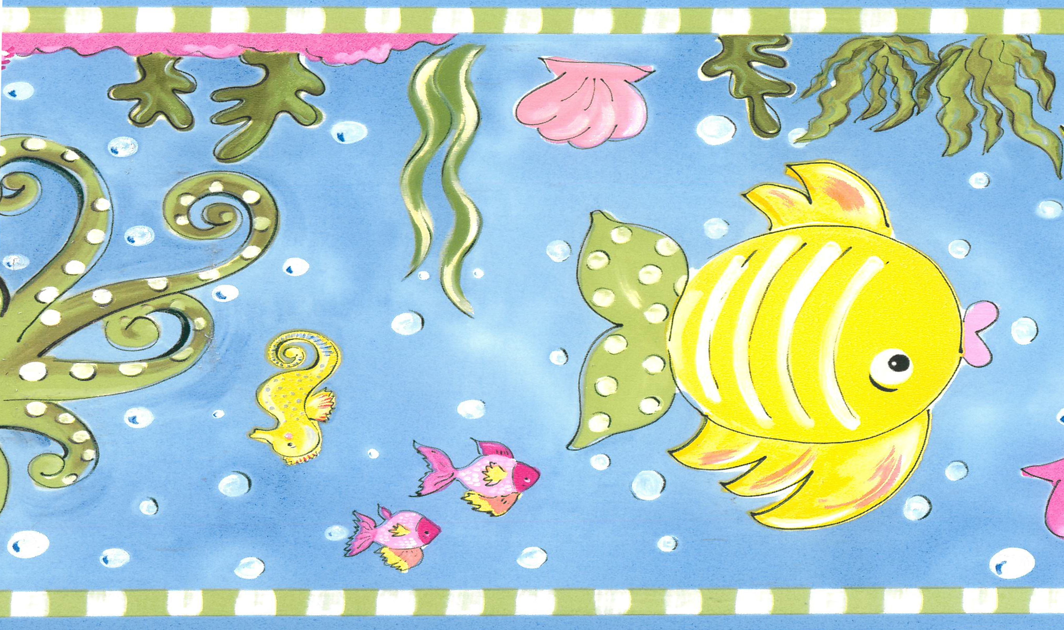 Dundee Deco BD6275 Prepasted Wallpaper Border - Kids Pink Green Blue Fish Seahorse Underwater Theme, 15 Ft X 6 In