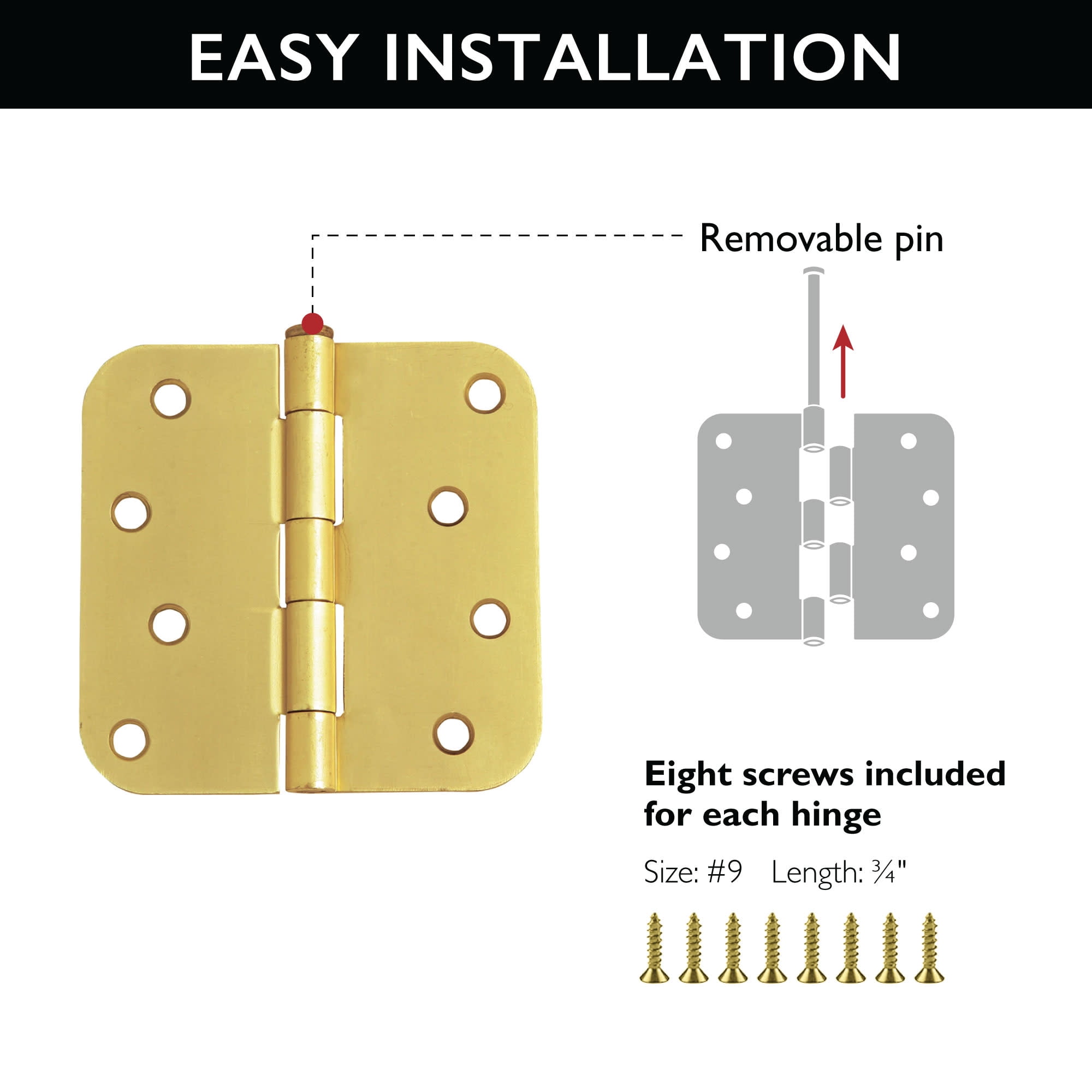 Design House 3-Pack 4" H x .625" Radius Butterfly Interior/Exterior Door Hinges, Satin Brass