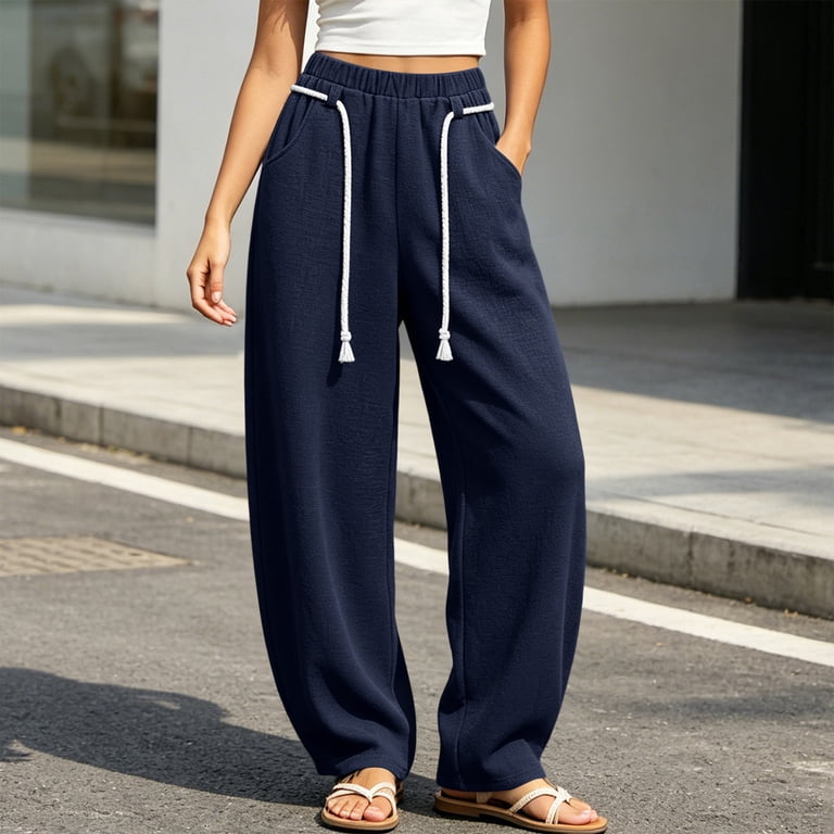 Cekizud Sweatpants Women Linen Wide Leg Pants Elastic Waist