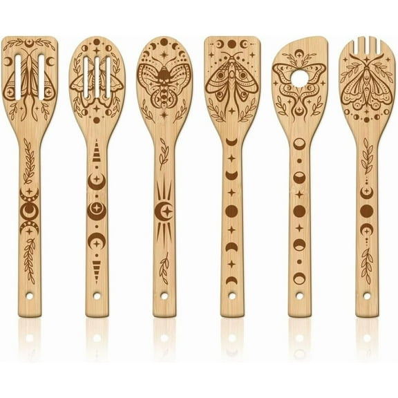 6Pcs Moon Moth Wooden Spoons Utensil Set Moon Phases Bamboo Carving Kitchen Cooking Utensils Wooden Engraved Cooking Spatula Set