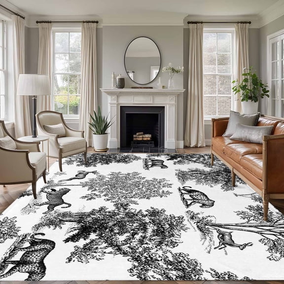 Tiger Deer Area Rugs 5'x7', Washable Small Throw Rugs for Laundry Room Playroom, Farmhouse Vintage Forest Trees Animals Indoor Outdoor Rug Non-Slip Low Pile Carpet Runner Reversible Floor Mats
