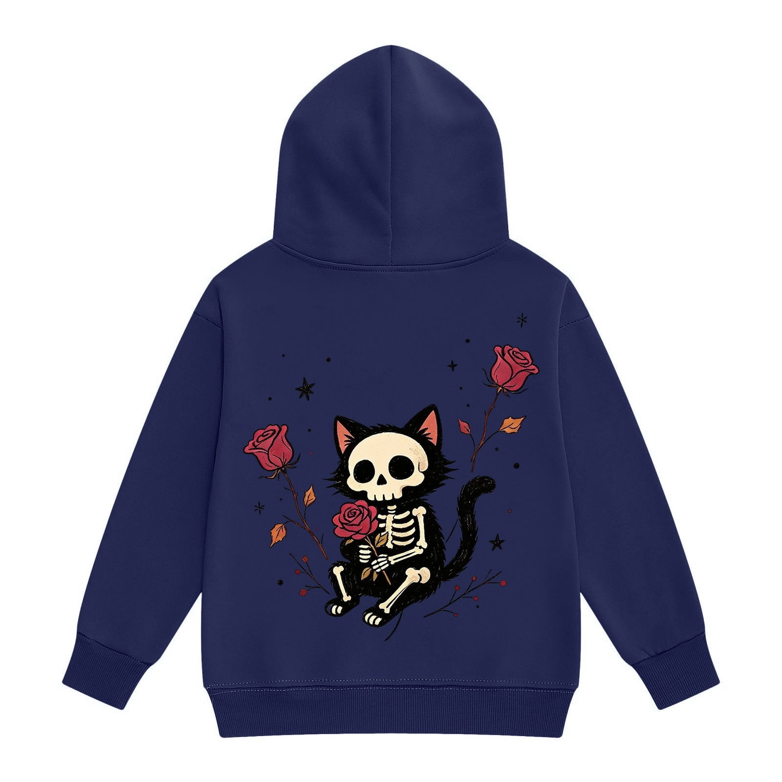 Coerni Boys Girls Halloween Hoodies Skeleton Cat & Rose Vintage Aesthetics Print Sweatshirt Teen Fashion Graphic Pullovers Spring Fall