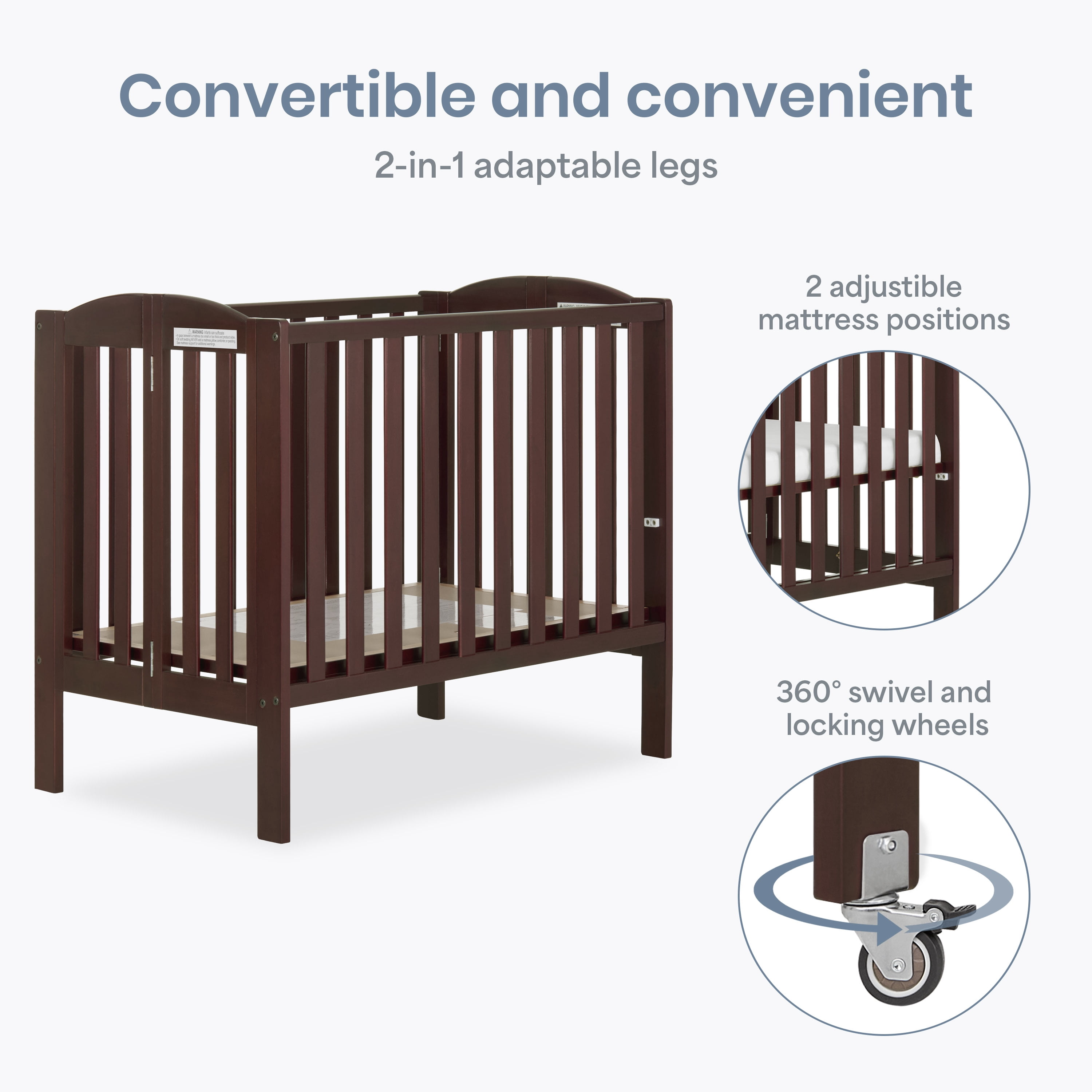 Dream On Me 2-in-1 Folding Portable Mini Crib in Espresso, Mattress Pad Included, Easy to Fold and Store Baby Crib, Two Adjustable Mattress Height positions Convertible Crib