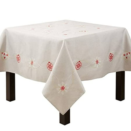 

Fennco Styles Embroidered Ornaments & Snowflake Holiday Tablecloth 70 W x 70 L - Silver Festive Table Cover for Christmas Family Gathering Banquets and Special Events