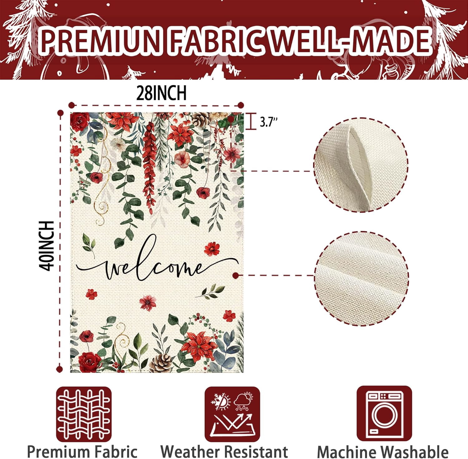 Winter Red Poinsettia Welcome Garden Flag 28x40 Inch Double Sided, Xmas Berry Burlap Large Yard Flag Winter Floral Farmhouse Flags Seasonal Patio Outdoor Outside Decoration