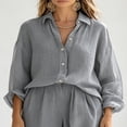 thumbnail image 3 of Morttic Women's 2 Piece Long Sleeve Button Down Shirt & Wide Leg Pants Set – Elegant Solid Color Casual Work Outfit Gray，S, 3 of 6