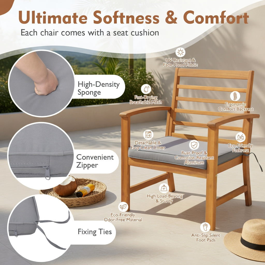 Hommoo 3-Piece Acacia Wood Outdoor Patio Furniture Set with Cushions, Durable Backyard Seating for Porch, Poolside & Deck, Gray