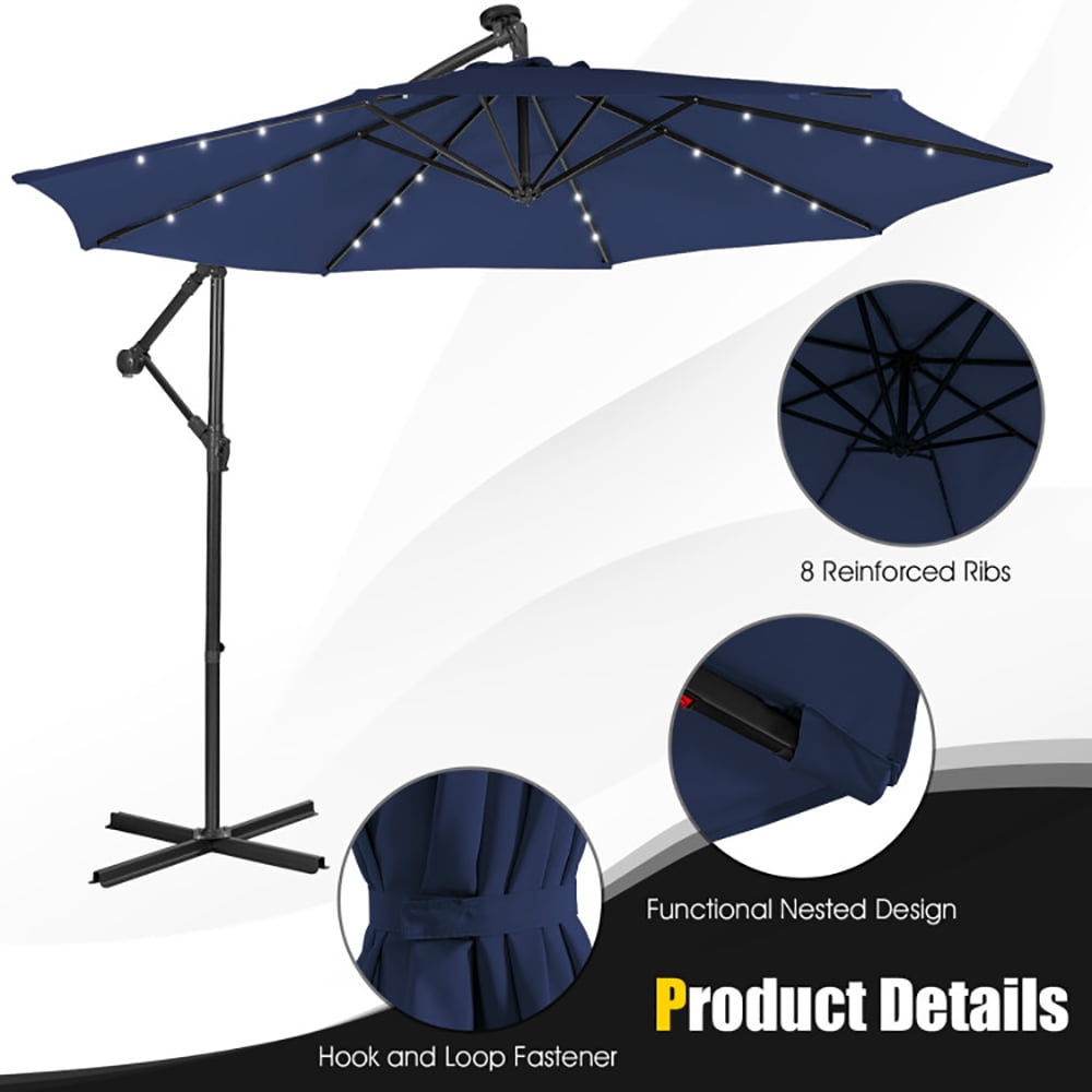 Aimee Lii 10 Feet Patio Solar Powered Cantilever Umbrella with Tilting System, Sunbrella Patio Umbrellas, Navy Aimee Lii 10 Feet Patio Solar Powered Cantilever Umbrella with Tilting System, Sunbrella Patio Umbrellas, Navy