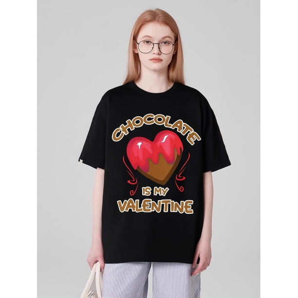 His & Hers "Chocolate is My Valentine" Matching Cotton Tees - Casual Black Crew Neck T-Shirts with HCamisetas para mujer, lindas camisetas con estampado gráfico, de manga corta, estilo casual, para ve