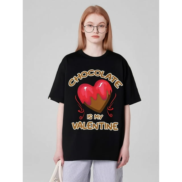 His & Hers "Chocolate is My Valentine" Matching Cotton Tees - Casual Black Crew Neck T-Shirts with HCamisetas para mujer, lindas camisetas con estampado gráfico, de manga corta, estilo casual, para ve