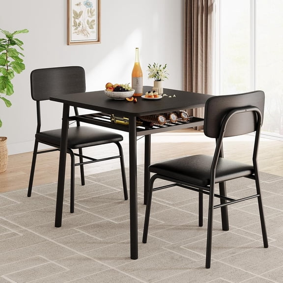 Dining Table for 2 with Storage Rack, Small Kitchen Table for 2 with Metal Frame, Square Table with Upholstered Chairs Set of 2, 3-Piece Dining Room Set for Small Space, Apartment