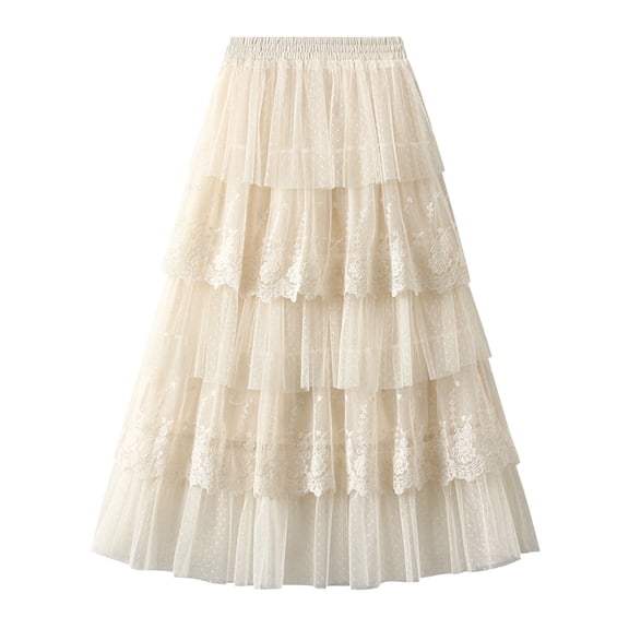 Tfken Women Skirts For Summer Solid Color Elastic Waist Lace Tulle Long Skirts Trendy Daily Wear Female Leisure Clothes Beige
