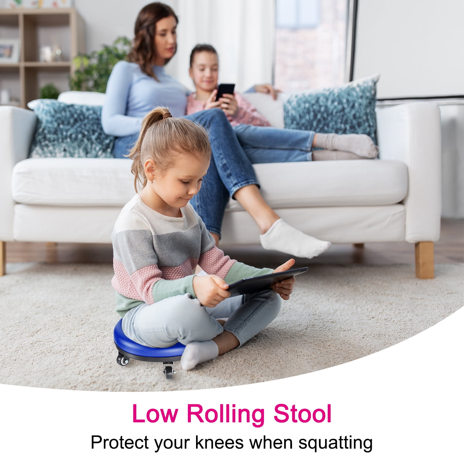 Unique Bargains Low Roller Seat Wheel Stool Chair PU Leather Rolling Stool Blue