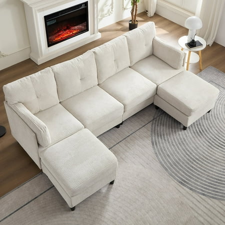 ZAFLY U Shaped Sectional Sofa with Movable Ottoman, Corduroy Sectionals for Living Room - Beige