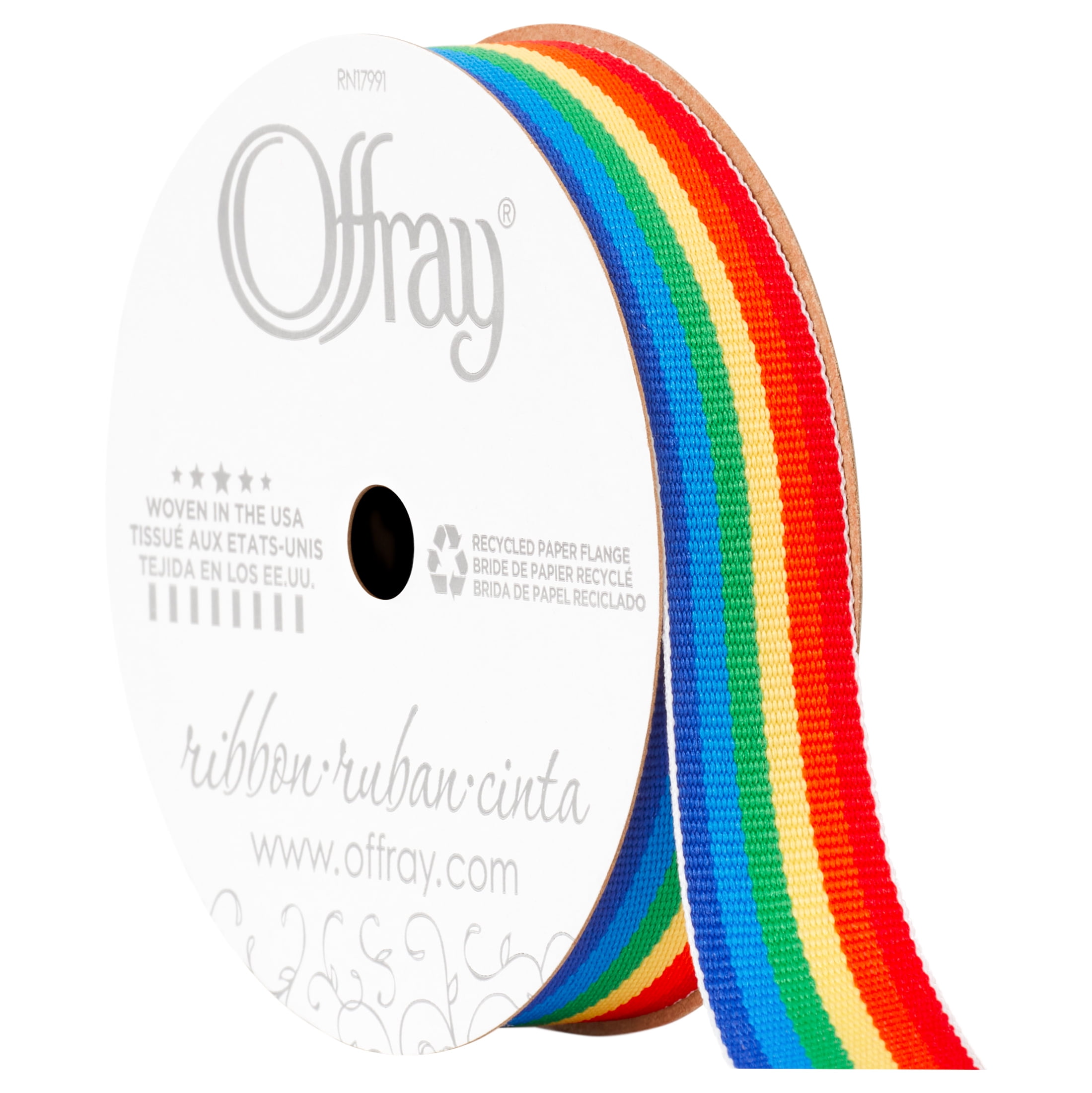 Offray Ribbon, Multi 5/8 inch Rainbow Stripe Grosgrain, 9 feet