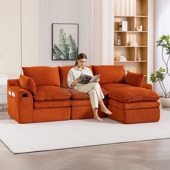 CARZZI 103" Cloud Modular Sectional Couches for Living Room, Modern L Shaped Boneless Sofa Couch with Ottoman & 2 Lumbar Pillows, Comfy Corduroy Deep Seat 3 Seater Sofa (Pink) | No Assembly Needed