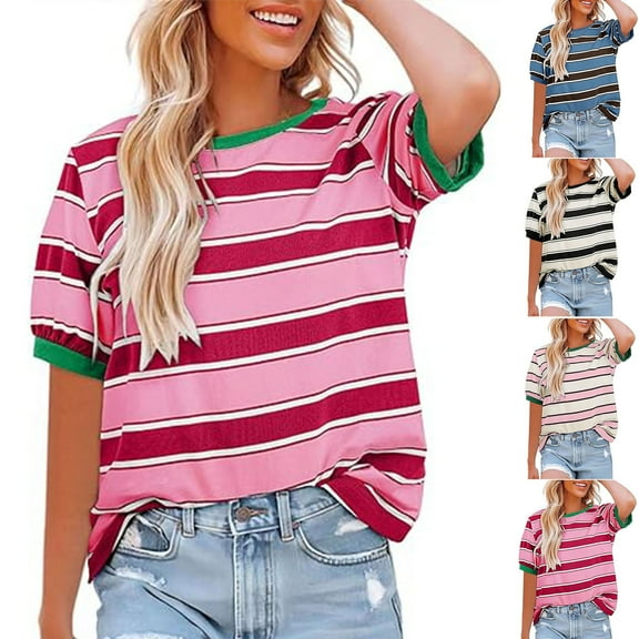 Olyvenn Womens Summer Tops Casual Color Block Striped Short Sleeve Shirts Crewneck T Shirts Loose Basic Tee Blouses for Women Black XXL