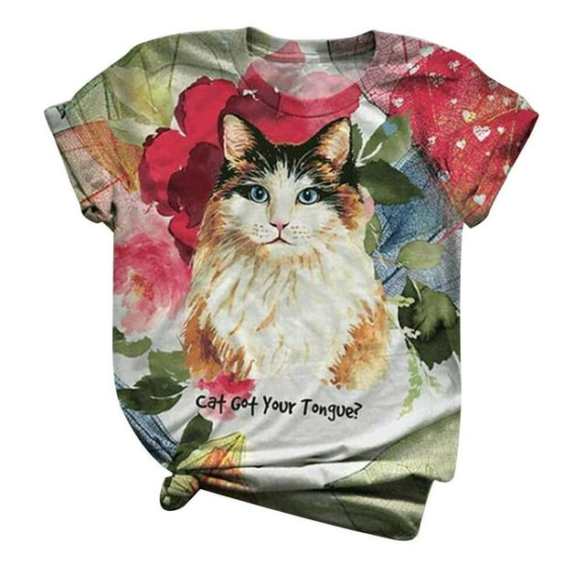 Plus Size Femmes Manches Courtes 3D Kitty Cat Imprimé Col Rond Tee T-Shirt Blouse
