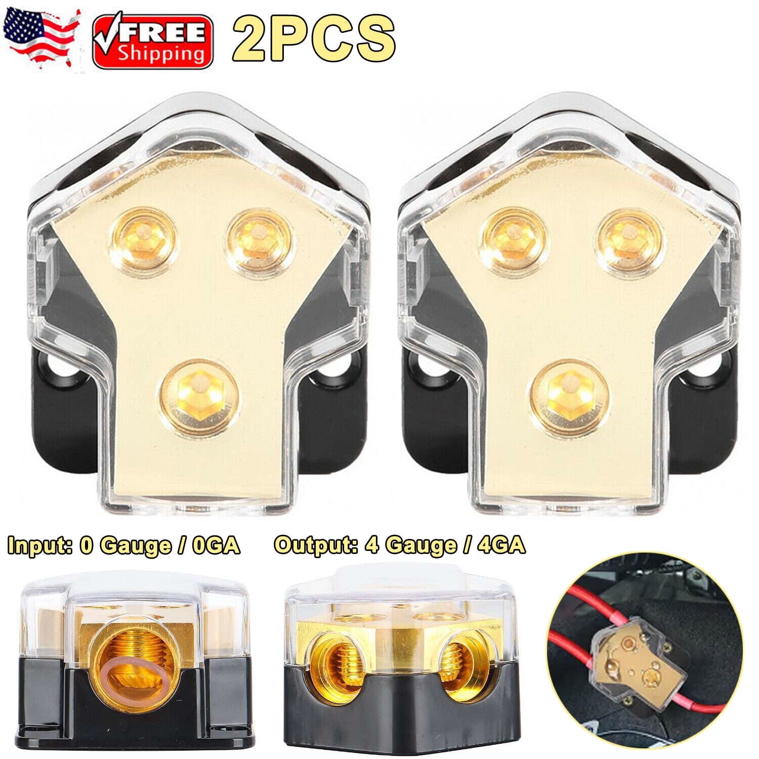 2PCS Car Audio Splitter Amp Power 0 Gauge In 4 Gauge Out 2-Way Distribution Block
