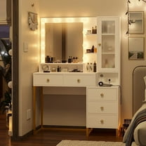 Afuhokles Makeup Vanity with Light Mirror and Charging Station, Storage Shelves, 5 Drawers, White