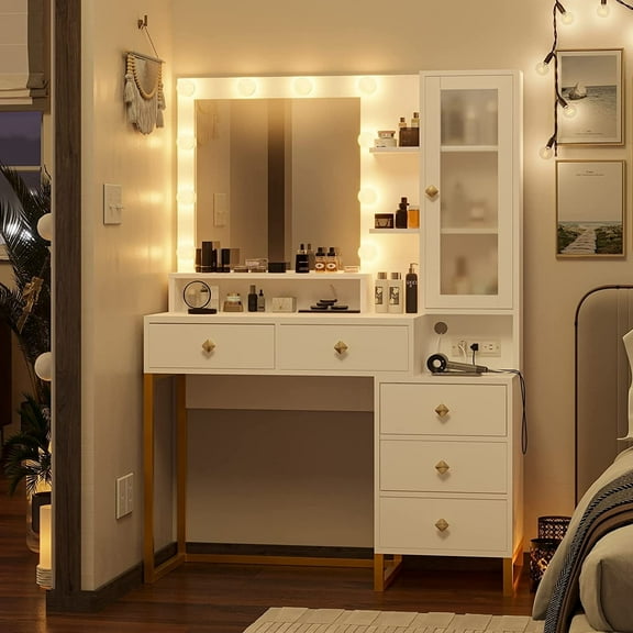 Afuhokles Makeup Vanity with Light Mirror and Charging Station, Storage Shelves, 5 Drawers, White