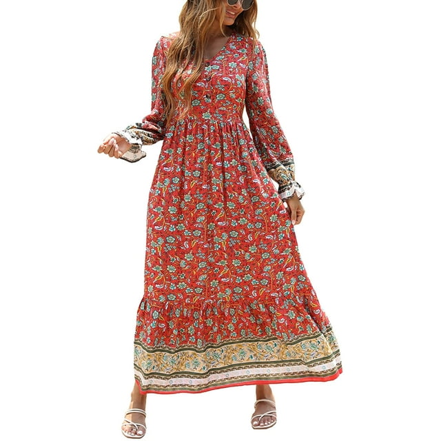Long Sleeve Maxi Dress for Women - V Neck Casual Button Down Boho Floral Print Fall Long Dresses