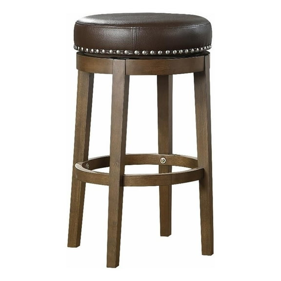 Bara 31 Inch Swivel Barstool- Brown Round Faux Leather Seat- Set of 2