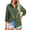 thumbnail image 5 of Hibeli Women Sparkly Rhinestone Fringe Button Down Shirt Rolled 3/4 Sleeve Top Western Cowgirl Concert Outfit, 5 of 7