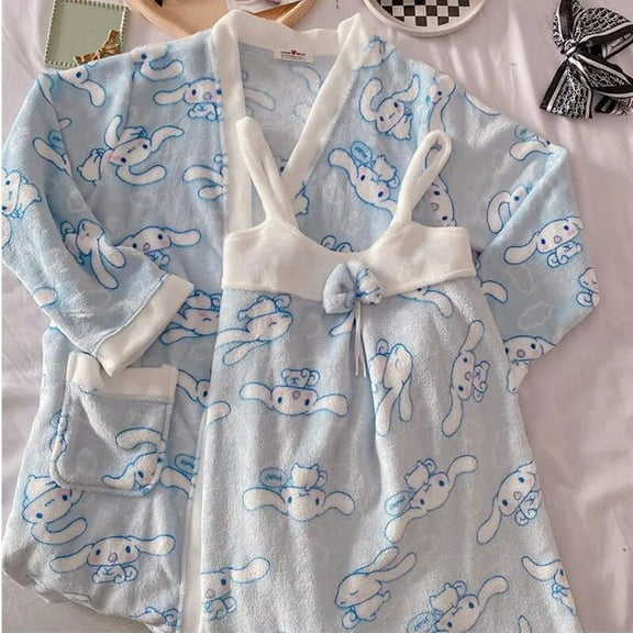 Sanrio Cinnamoroll Melody Plush Cotton Fluffy 2 Pcs Nightdress Set Women Casual Oversize Pajamas with Thick Mid Length Nightgown