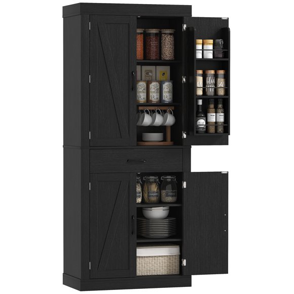 72" Kitchen Pantry Cabinet, Kitchen Storage Cabinet with Barn Doors, Black