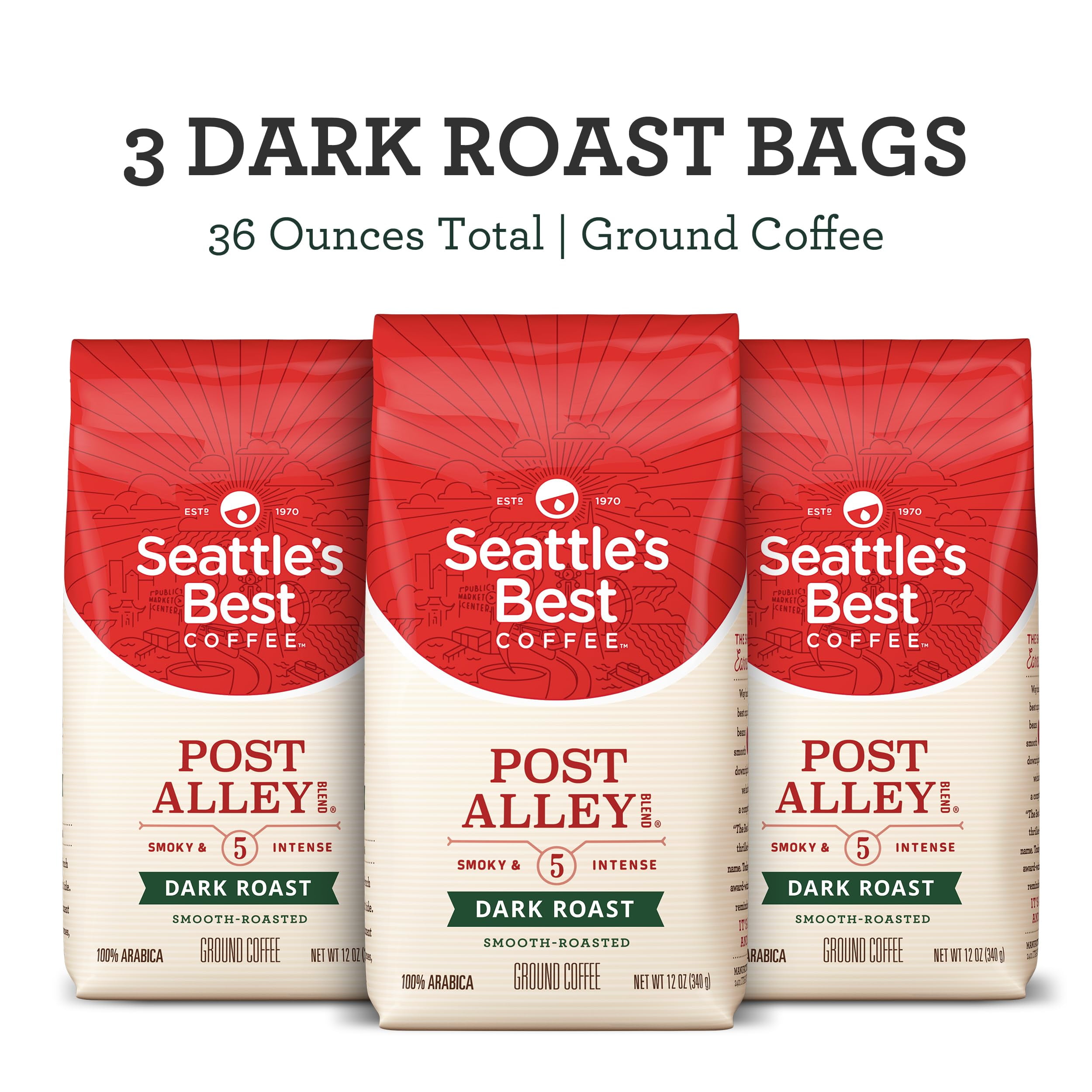 Seattle's Best Coffee Post Alley Blend Dark Roast Ground Coffee | 12 Ounce Bags (Pack of 3)