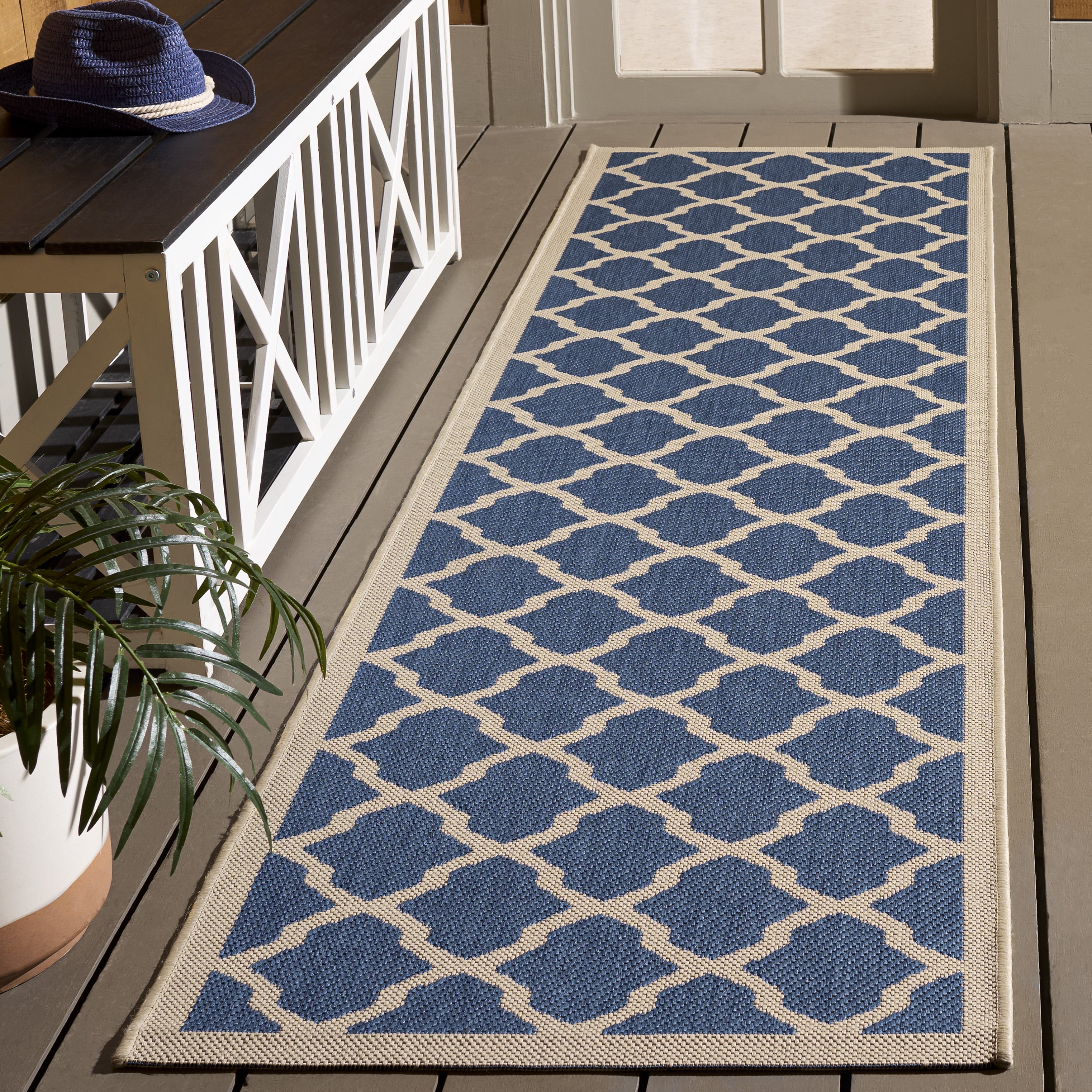 Safavieh Courtyard Amber Geometric Indoor/Outdoor Runner Rug, Blue/Beige, 2'3" x 10'