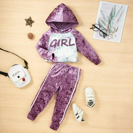 

Baywell Kid Children Baby Girls Clothes Suit Long-sleeved Velvet Letter Printed Hooded Trousers Two-piece Clothing Sets