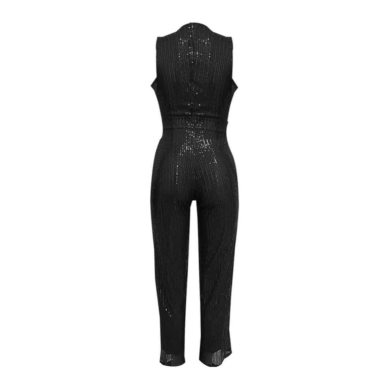 Fsqjgq Jumpsuits for Women Black Playsuit Fashion Sparkling