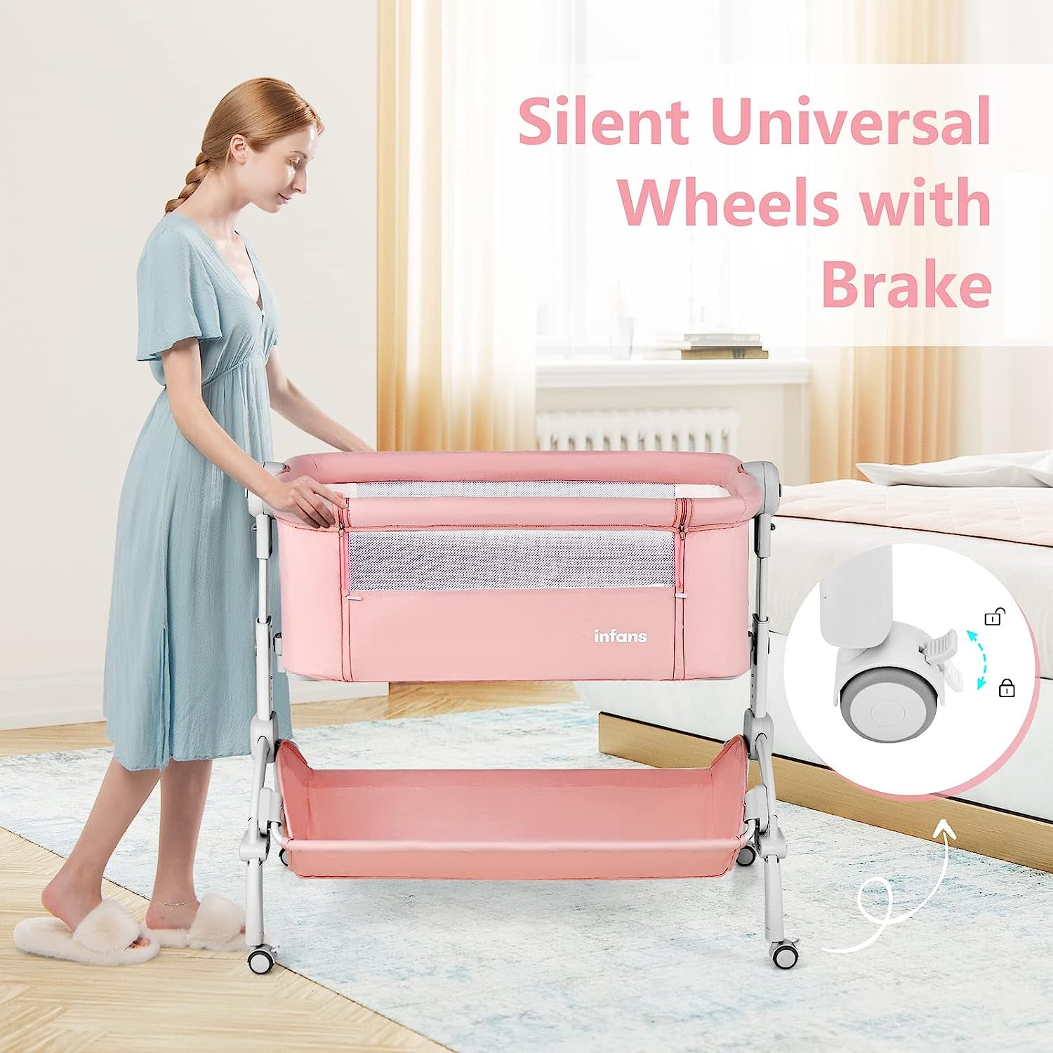 INFANS 3 in 1 Baby Bassinet, Folding Bedside Sleeper Crib with Mattress Pad, Height Angle Adjustable, Portable Rocking Cradle with Wheels Storage Basket Travel Bag for Infant Newborn (Pink)
