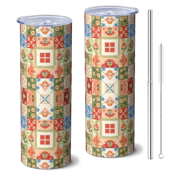 Pioneer Flower Floral Print Pattern 20oz Skinny Tumbler with Straw & Lid, Double Wall Vacuum Insulated Cup, Leak-Proof, Cup Holder Friendly, Hot 6H Cold 12H