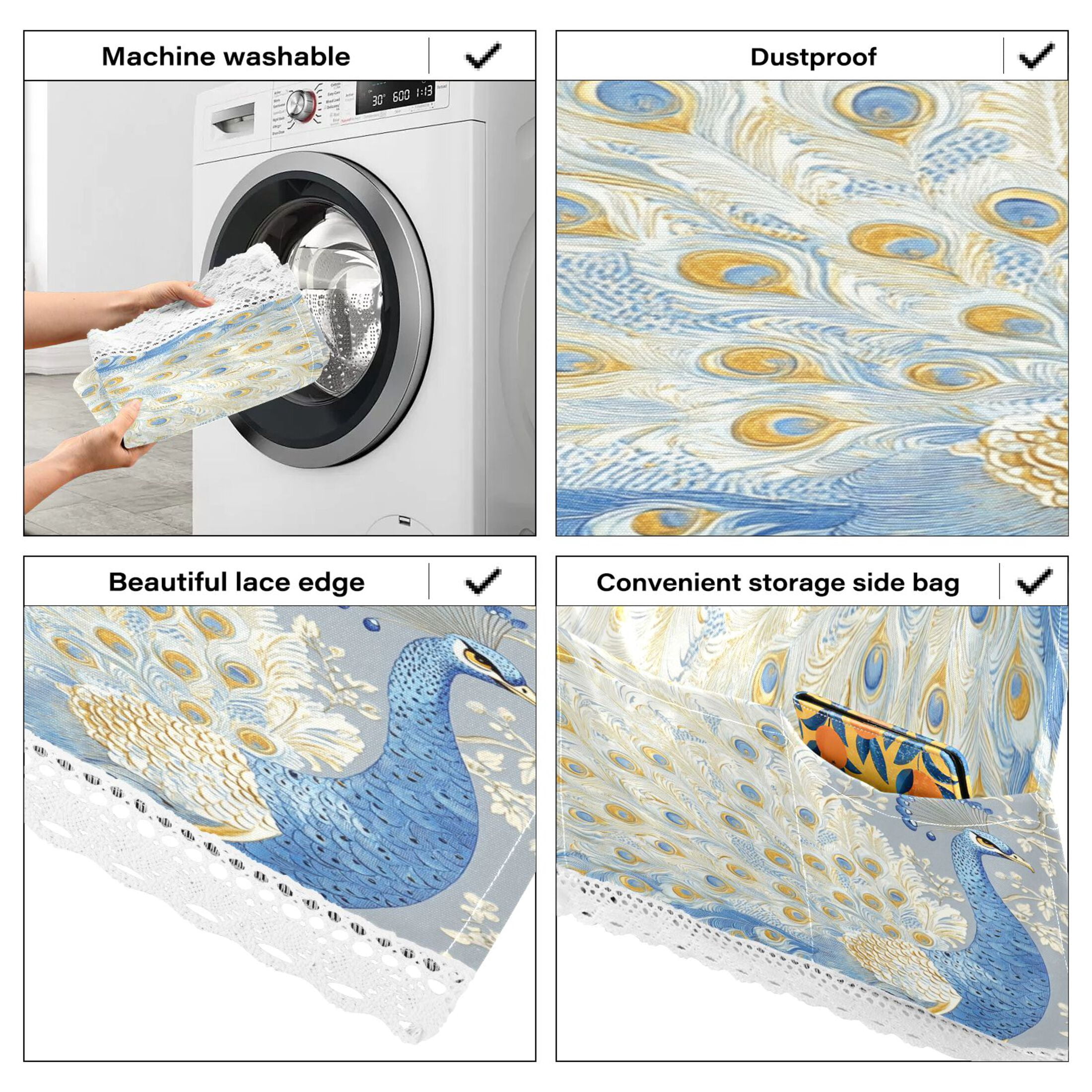 WOBOGO Pretty Blue Peacock Washing Machine Cloth Dryer Refrigerator Top Cover Protective Non-Slip Mat For Kitchen Laundry