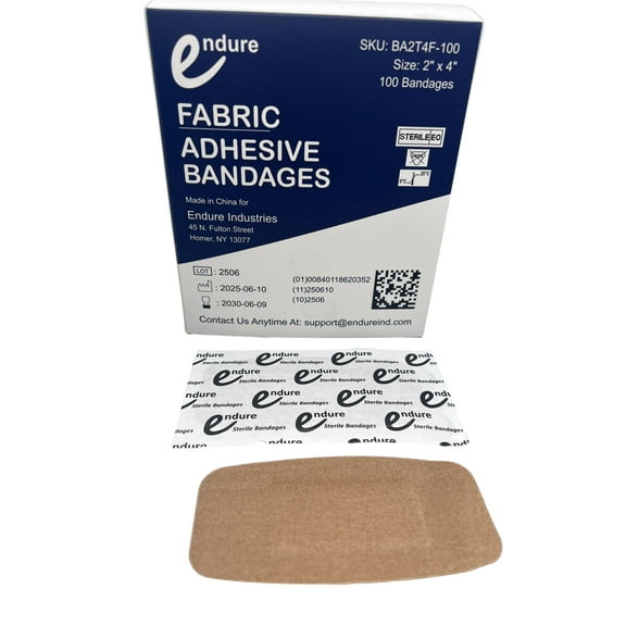 Endure Ind 2"x4" Fabric Adhesive Bandages, Box of 100 - Latex-Free | Skin-Color Elastic Fabric Bandages for Wound Care & First Aid