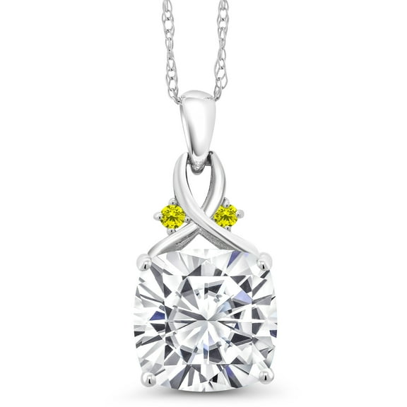 Gem Stone King 10K White Gold White Moissanite and Canary Diamond Pendant Necklace for Women (5.06 Cttw, Gemstone, Cushion Cut 10MM, with 18 inch Chain)