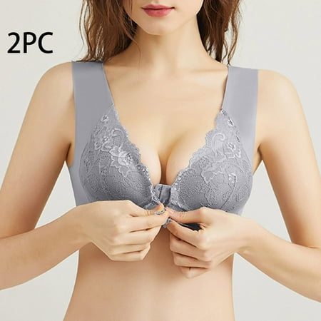 Crunowin Women s Plus Size Bra 2 Pack  Traceless Breathable Comfort Front Open Buckle Sexy Lace Full Coverage Daily Underwear Gray L