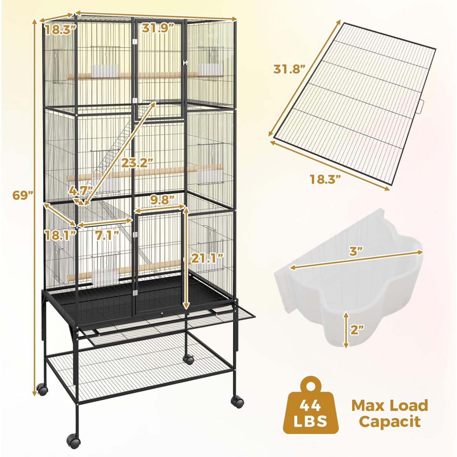 69 Inch Extra Large Wrought Iron Bird Cage for Parrots - Flight Cage with Storage Shelf & Stand, for Cockatiels, Conures, Parakeets, Lovebirds, and Finches