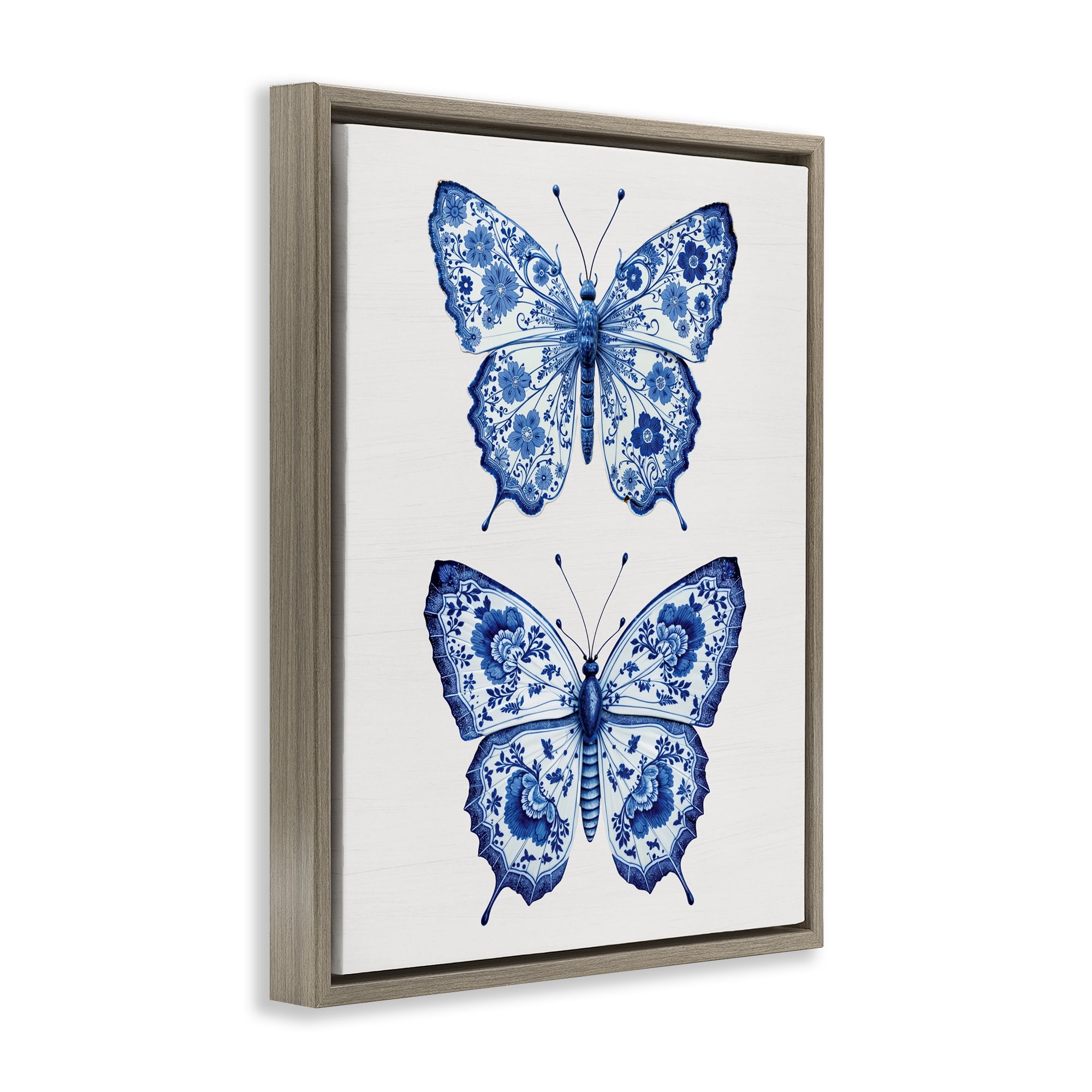 Ornate Toile Pattern Butterflies Brown Framed Floater Canvas Wall Art, design by Lettered and Lined