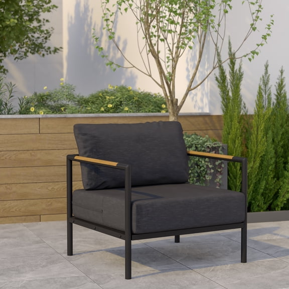 Emma   Oliver Black Aluminum Frame Patio Chair with Teak Arm Accents and Charcoal Cushions