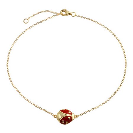 Anklets For Women Gold Red Ladybug Garden Charm Anklet Link Ankle Bracelet For Women 14K Gold Plated 925 Sterling Silver 9 To 10 Inch Extender ()