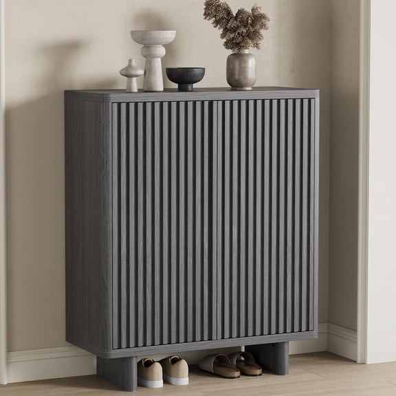 Grey 31.6 Inch Shoe Cabinet with Fluted Door, 5-Tier Storage with 4 Adjustable Shelves, Rustic Entryway Shoe Bench for Hallway & Foyer