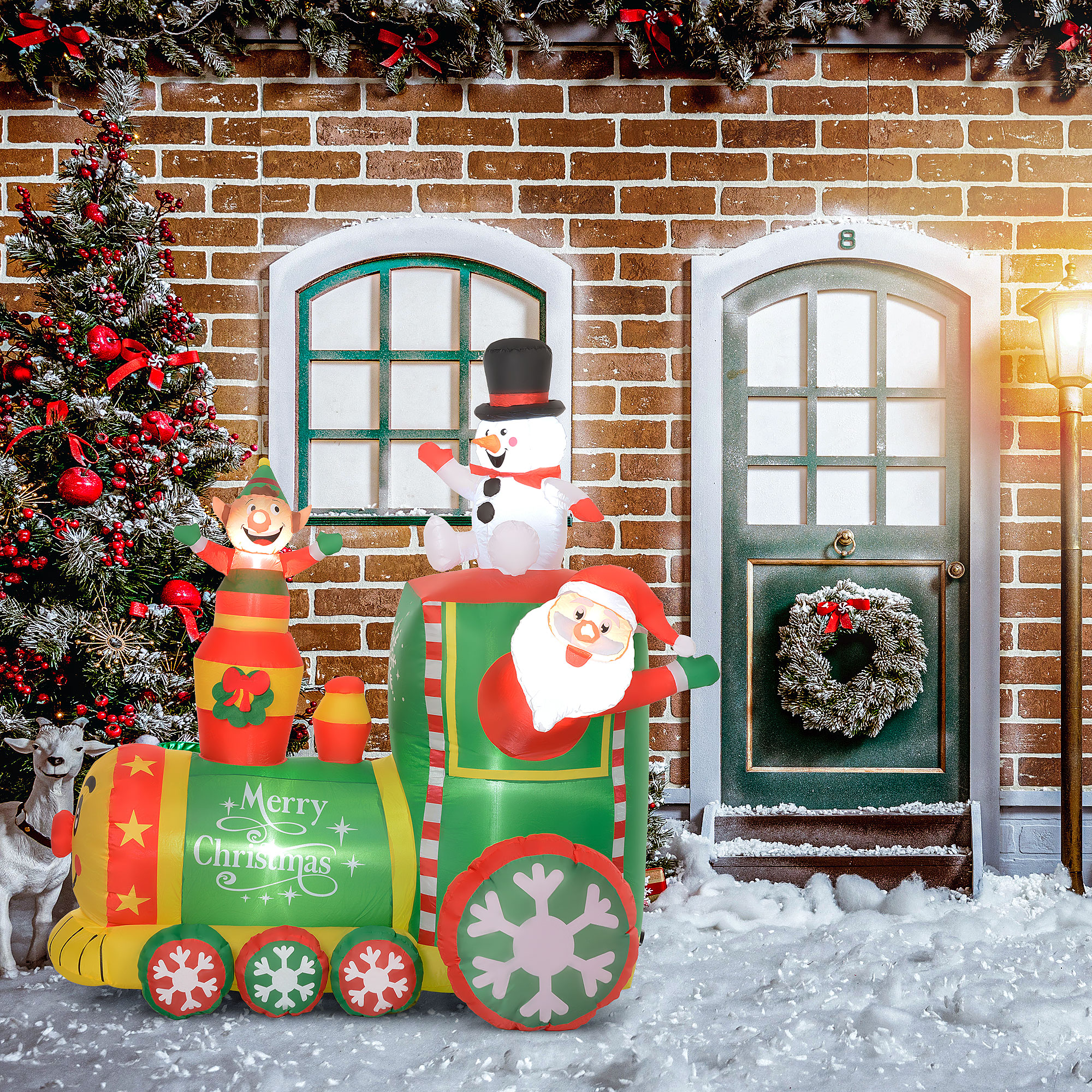 Christmas Inflatable Train with Gingerbread Man Snowman and Santa Claus LED Lights Outdoor Yard Decoration