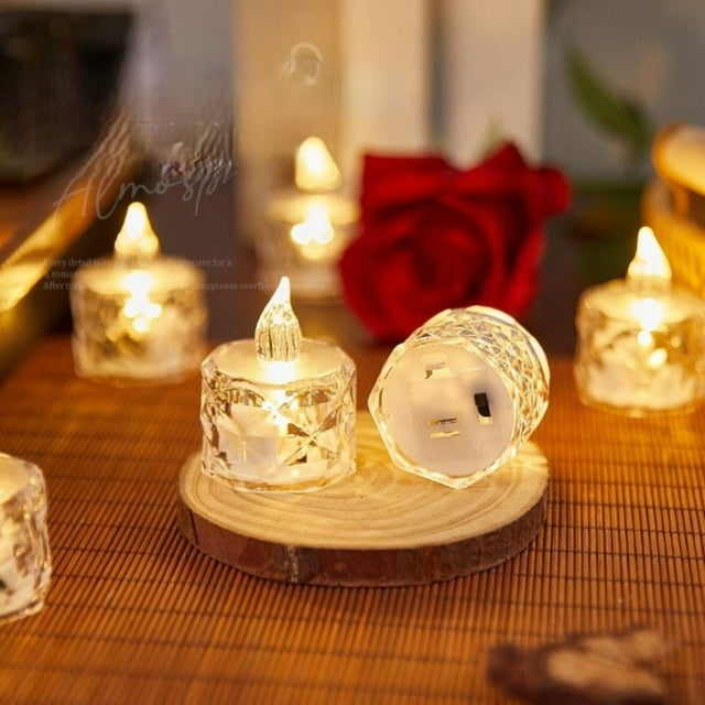 Transparent Crystal LED Electronic Candle Lights - Battery Operated Flameless Tea Wax Bar for Birthday Wedding Decor Ambient Lighting