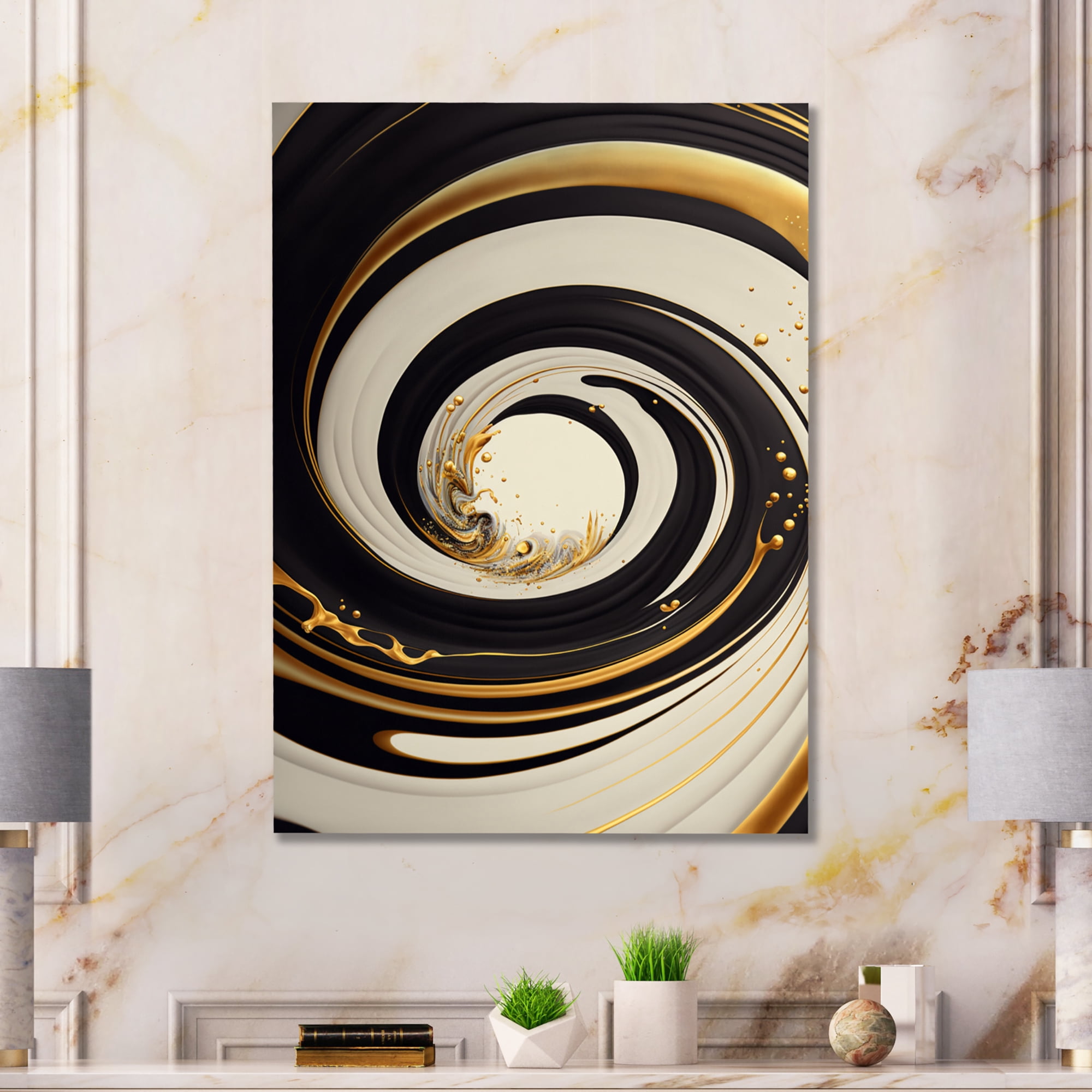 Designart Black, Silver And Gold Blending Swirls I Canvas Wall Art