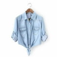 thumbnail image 2 of Women's Denim Shirt with Detachable Tie Bow, 3/4 Length Flutter Sleeves, Lightweight Chiffon Capelet Short Jacket, 2 of 12