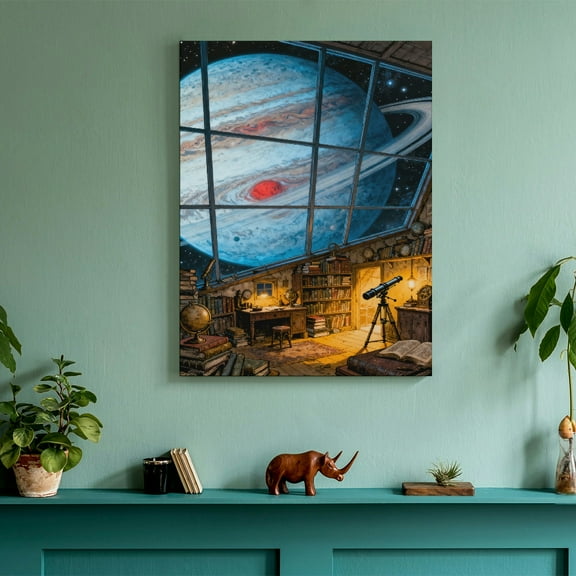 Sci-Fi Retro Attic Study Jupiter Landscape Printed Canvas Wall Art (Hidden Wooden Frame) - Astronomical Decor for Study, Living Room & Kids’ Room
